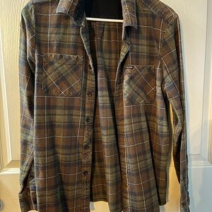 Men’s Volcom Brown and Blue Plaid Casual Button Down Shirt Size Medium